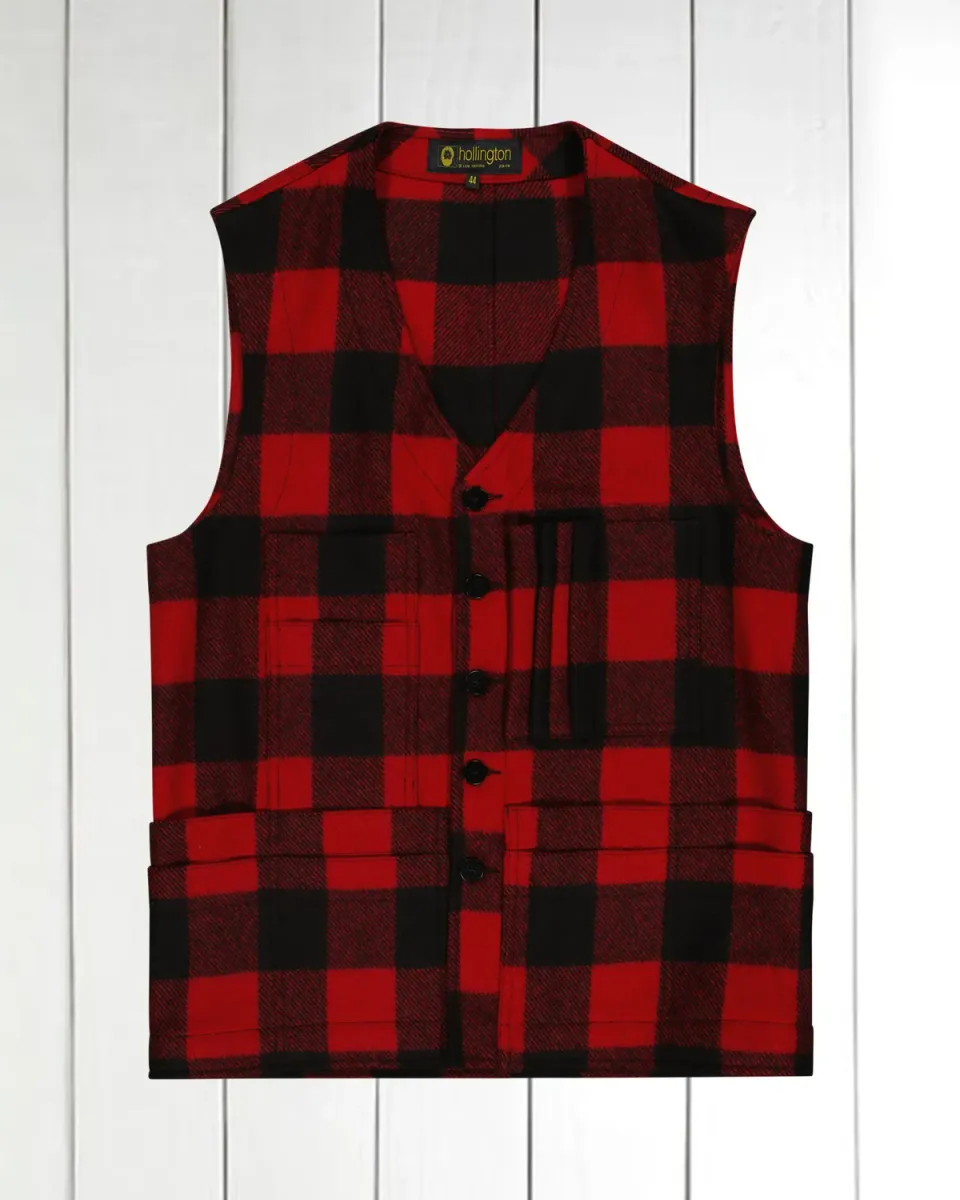 Hollington gilet 20 poches drap de laine carreaux rouges