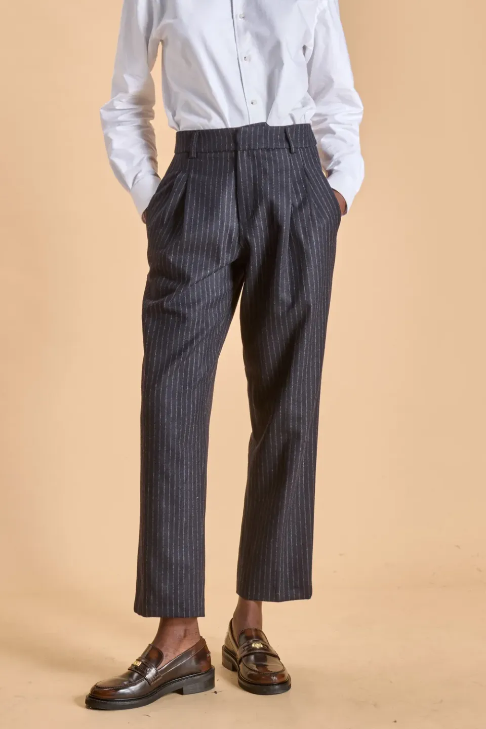 Soubacq Westminster pantalon femme laine bleu nuit rayures