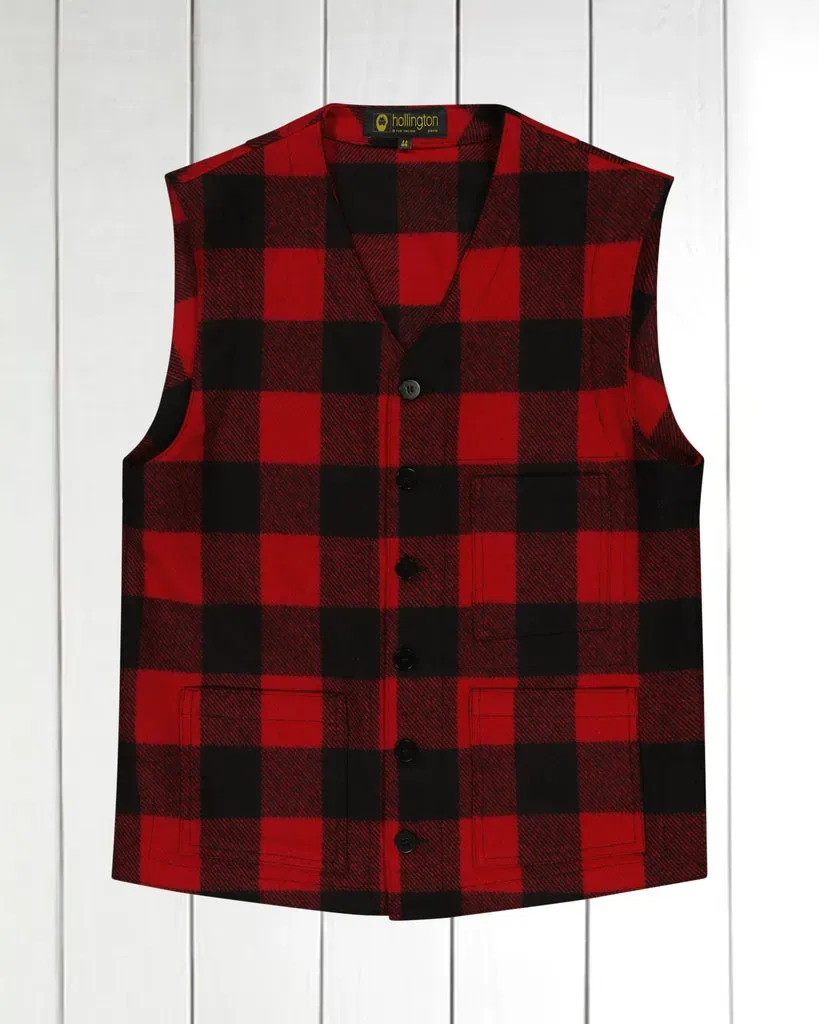 Hollington gilet laine carreaux noir rouge poches plaquées