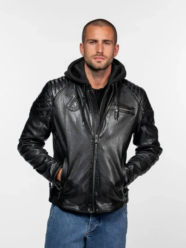 Daytona Dodds Blouson motard cuir agneau noir capuche