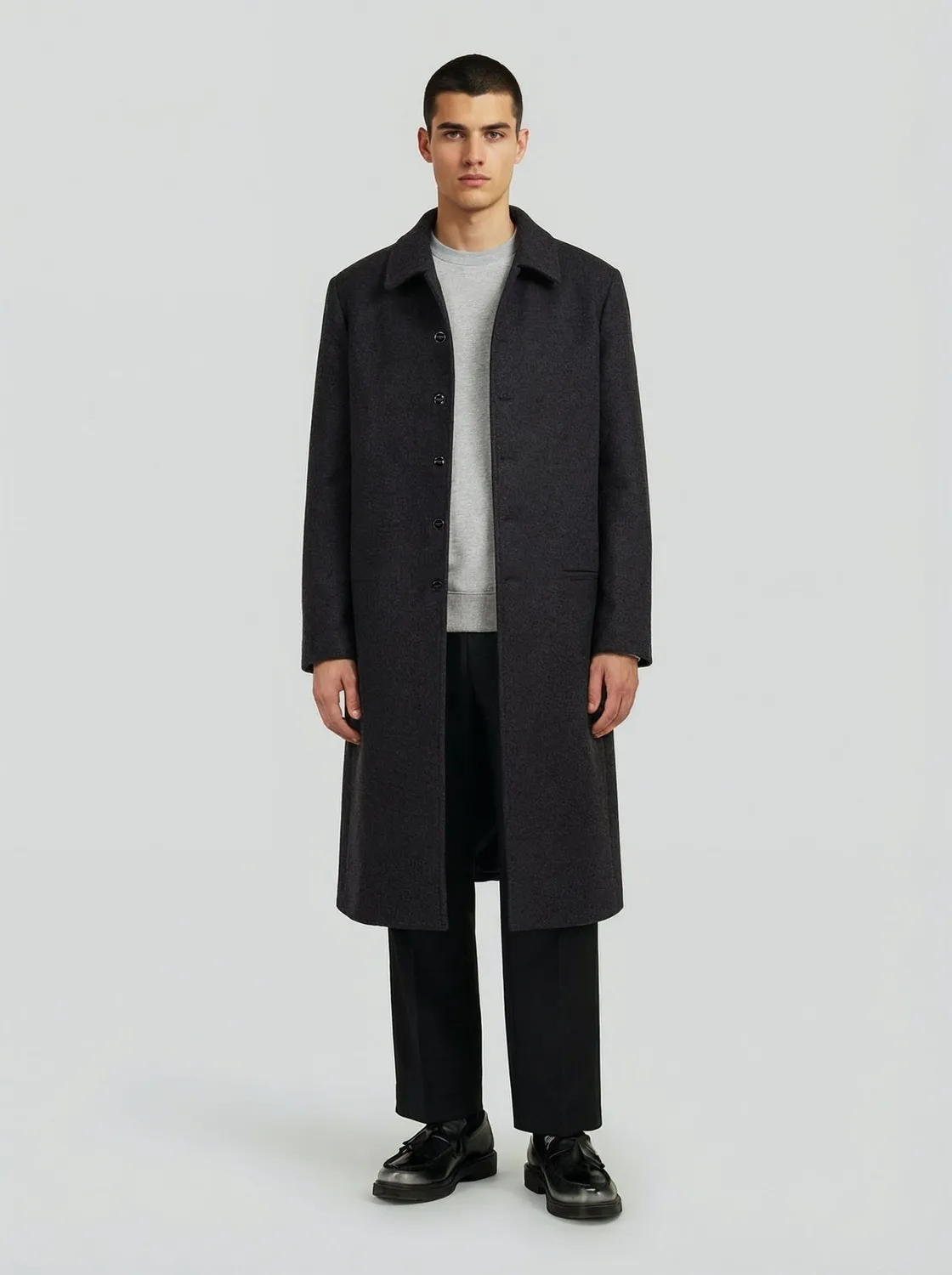 LEBRUN Manteau Long Gris Anthracite Laine Homme