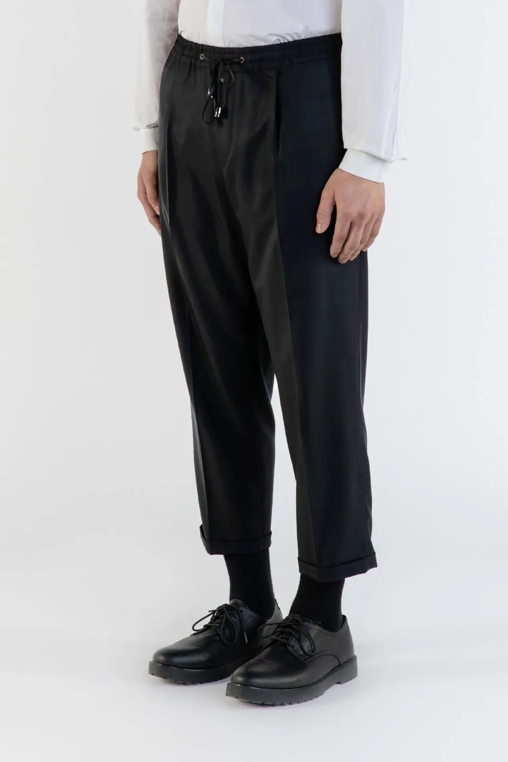LEBRUN Pantalon Noir Laine Plis Ceinture Élastiquée
