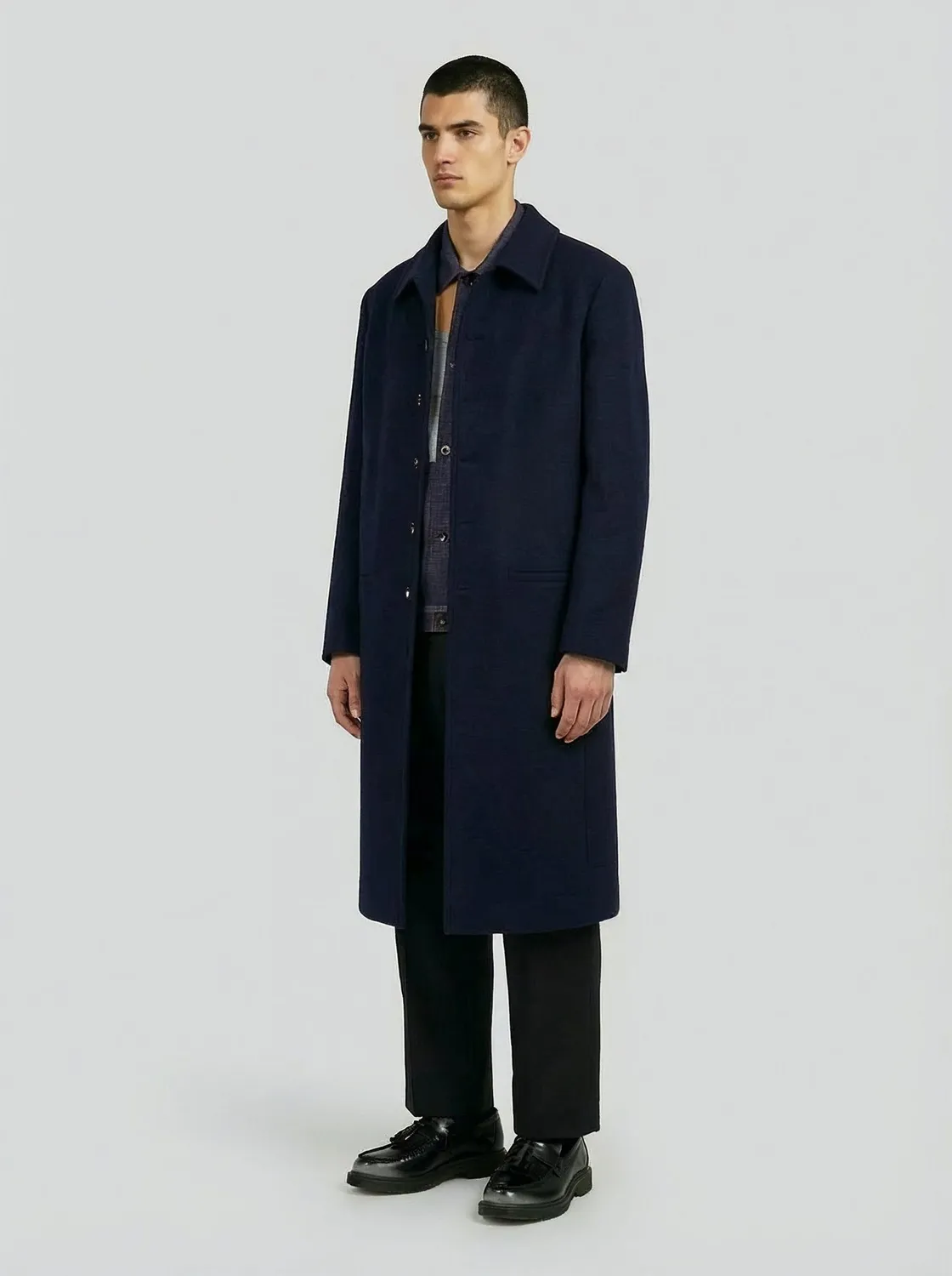 LEBRUN Manteau Long Laine Bleu Nuit Homme