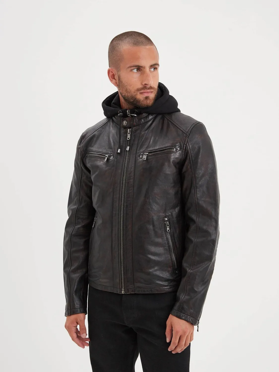 Daytona Winstoner blouson cuir capuche Black/Cognac agneau
