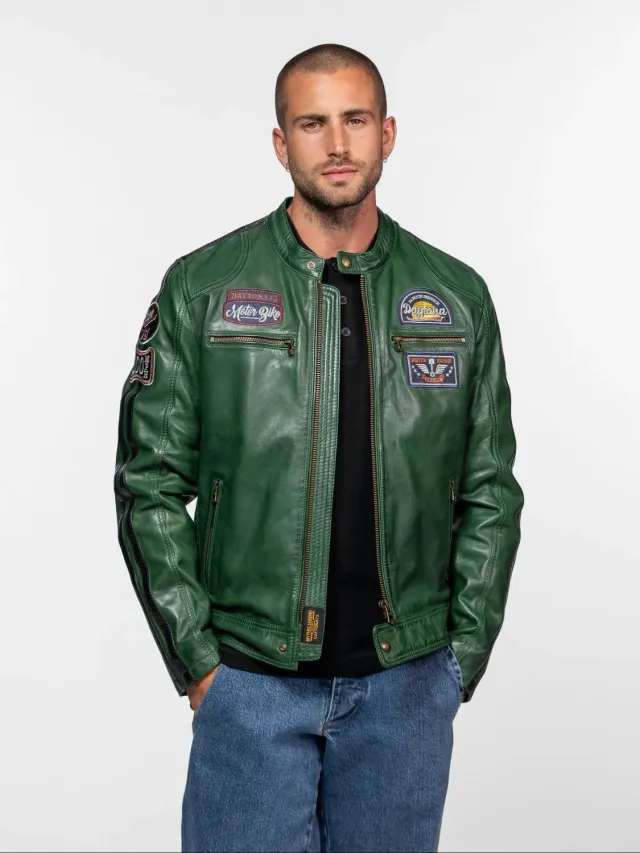 Daytona Tormo blouson cuir motard noir mouton patchs ajusté