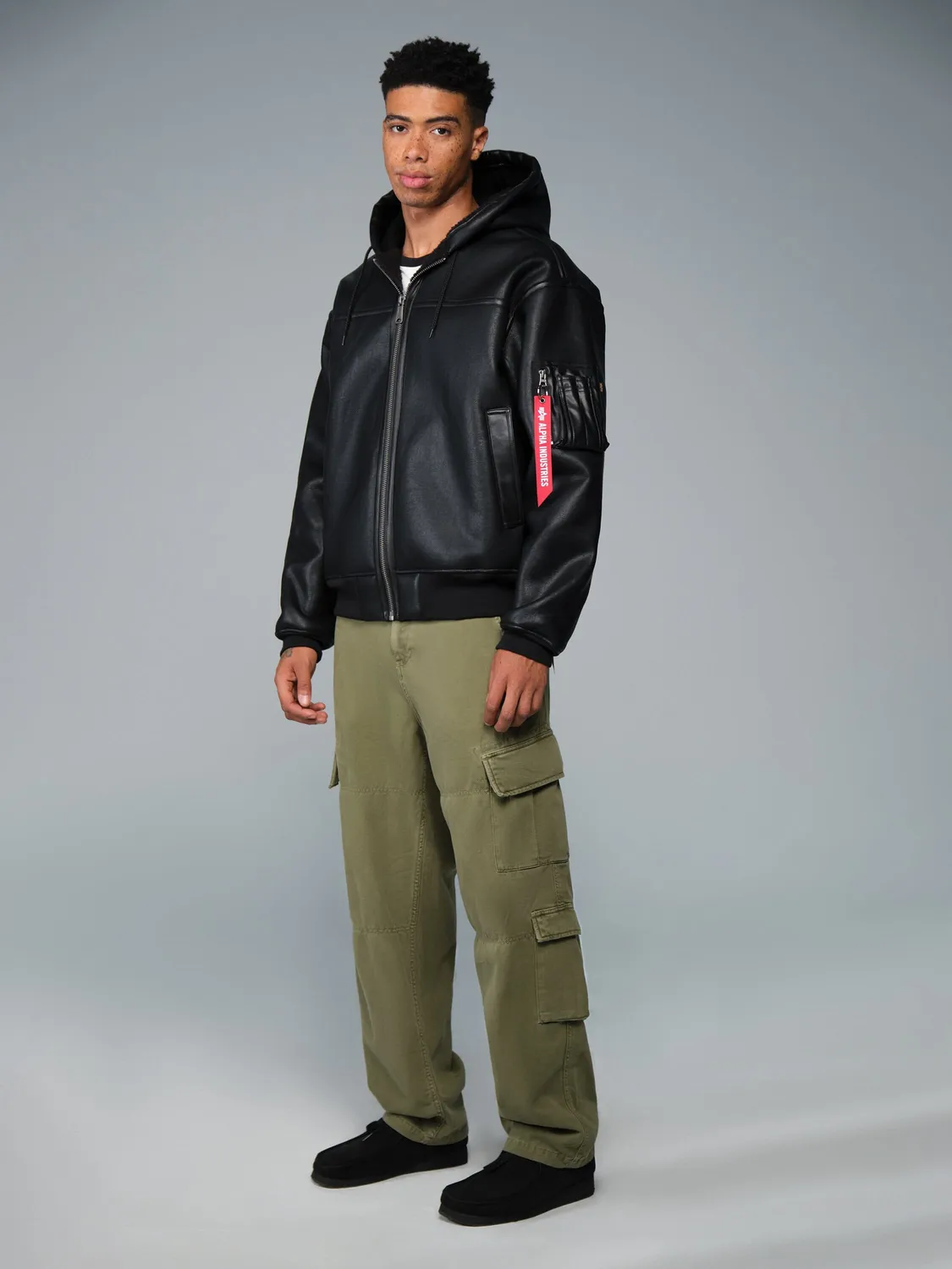 Alpha Industries MA-1 Hooded bomber simili cuir noir doublé