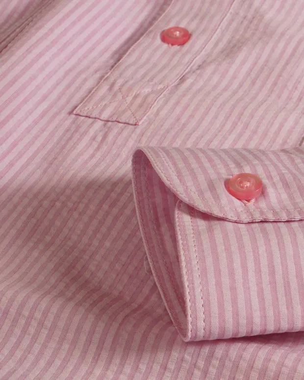 HOLLINGTON chemise col mao seersucker rose coton gaufré