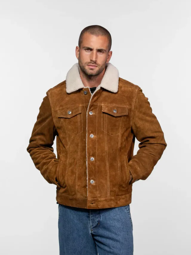 Daytona Trucker blouson cuir nubuck sherpa cognac