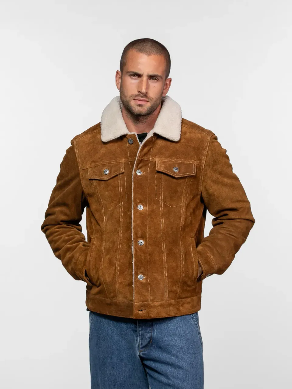 Daytona Trucker blouson cuir nubuck sherpa cognac