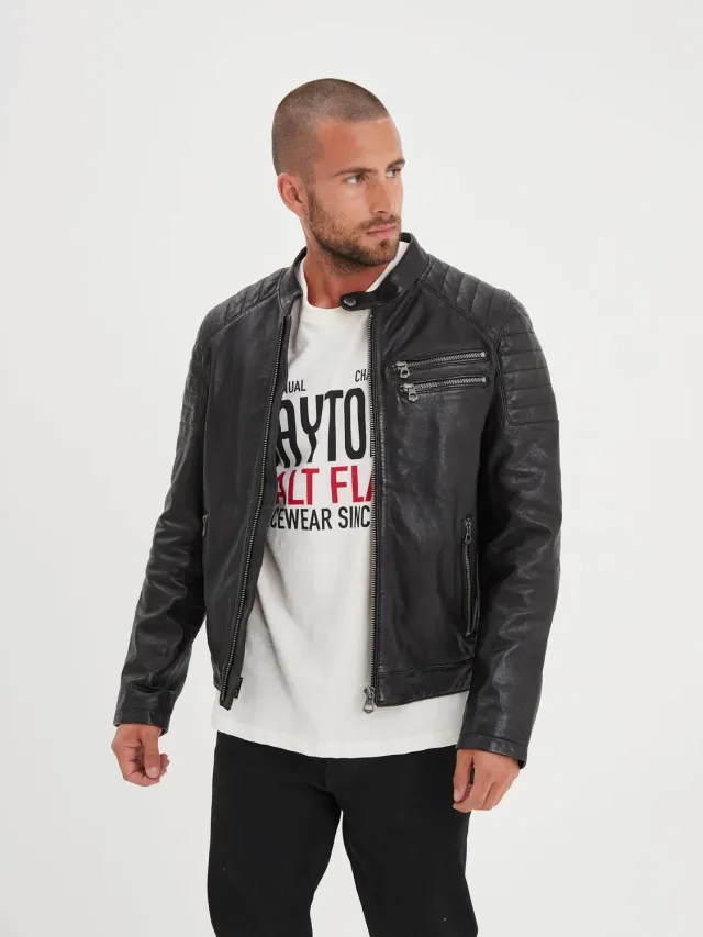 Daytona Starget blouson cuir vintage noir col motard