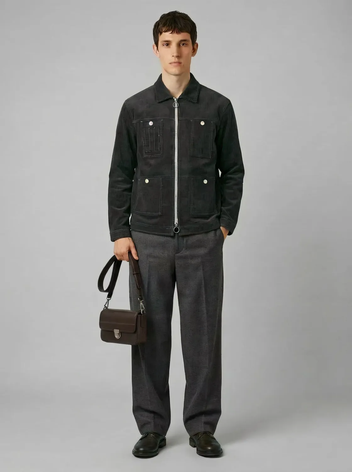LEBRUN blouson velours gris zip col montant