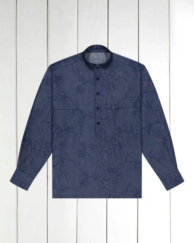 Hollington chemise fancy denim col mao bleu coton