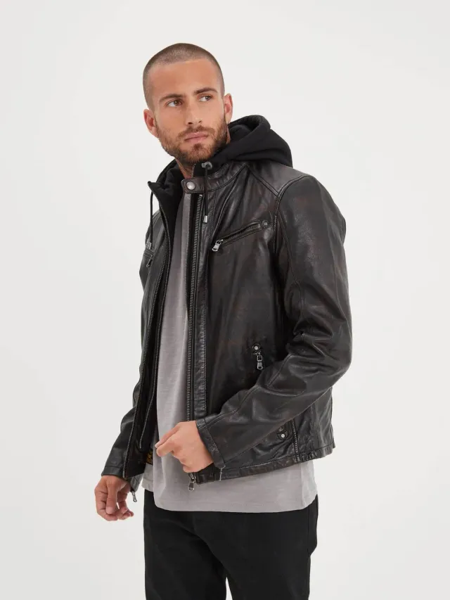 Daytona Winstoner blouson cuir capuche Black/Cognac agneau