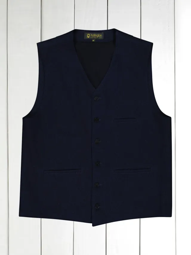 Hollington gilet denim laine bleu nuit poches passepoilées