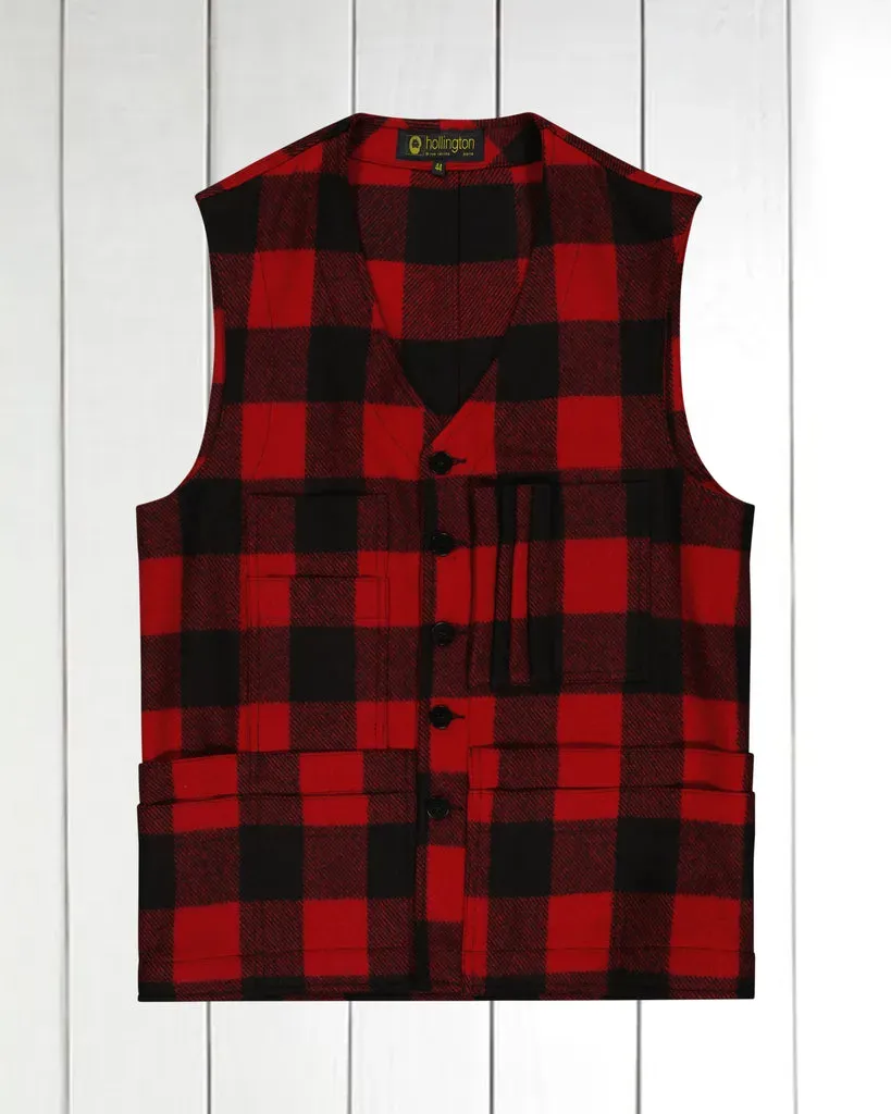 HOLLINGTON gilet 20 poches laine carreaux noir rouge