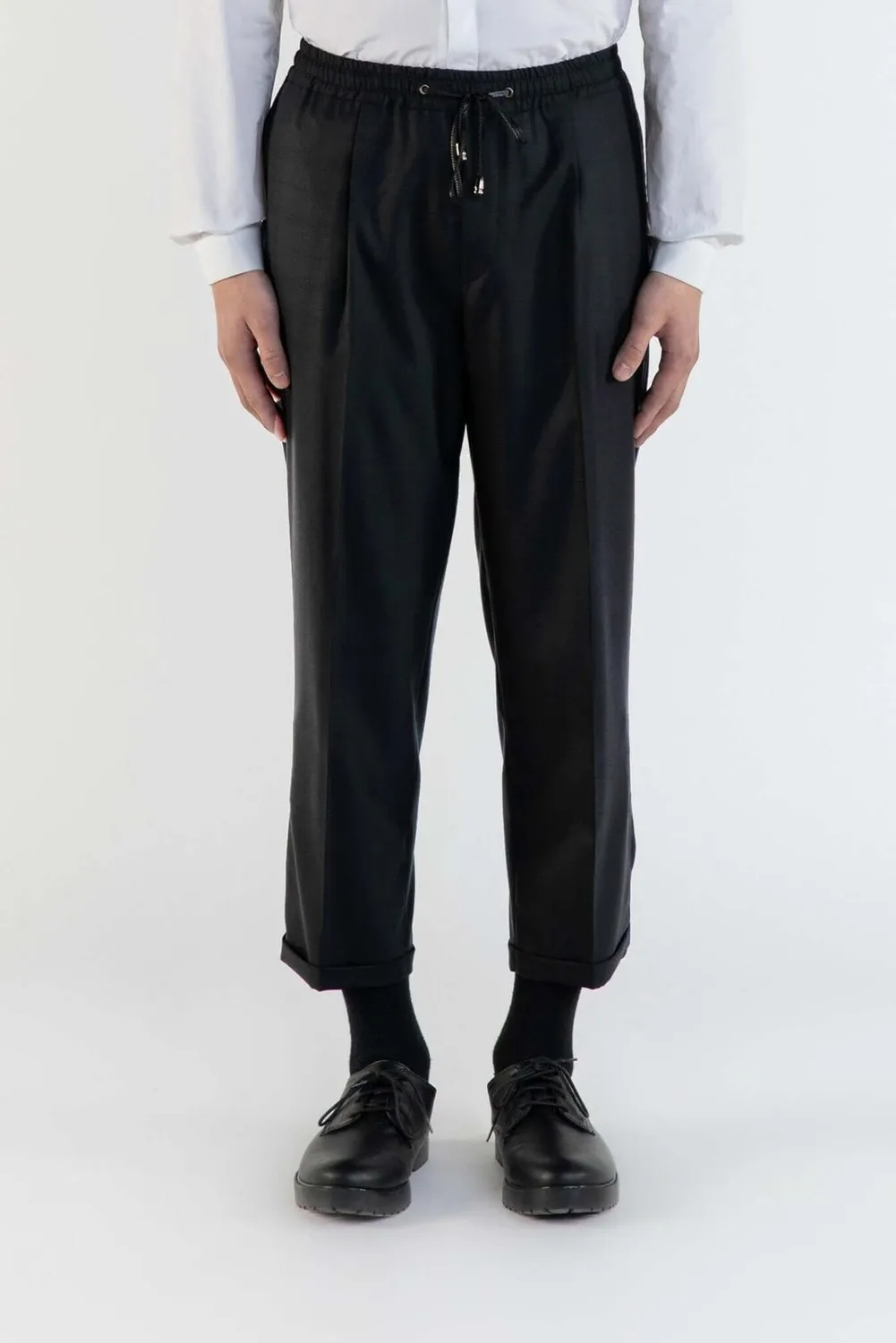LEBRUN pantalon laine noir plissé taille élastique