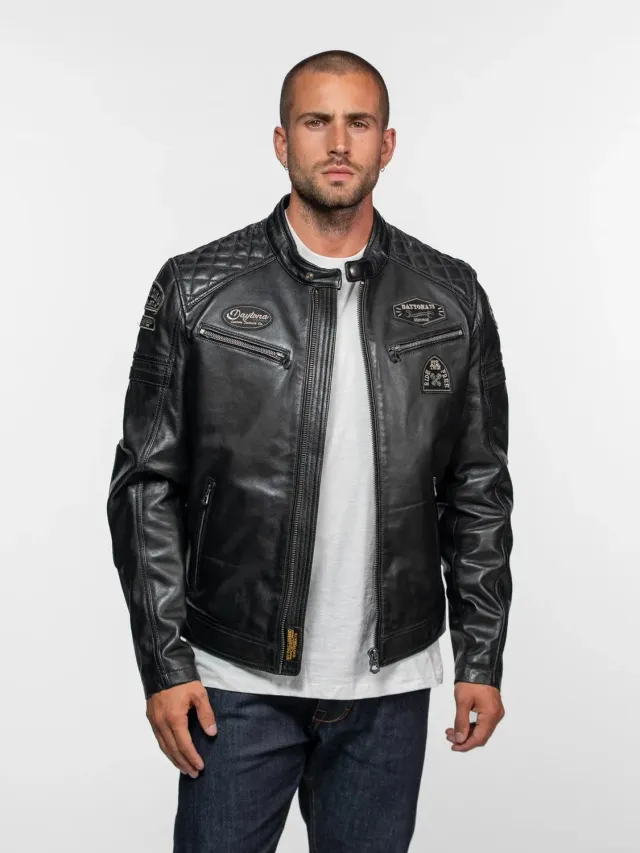 Daytona Nieto blouson cuir motard noir mouton vintage ajusté