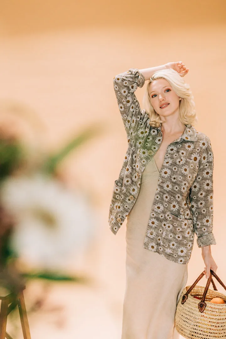 Soubacq Bleu Lino veste lin marguerites été