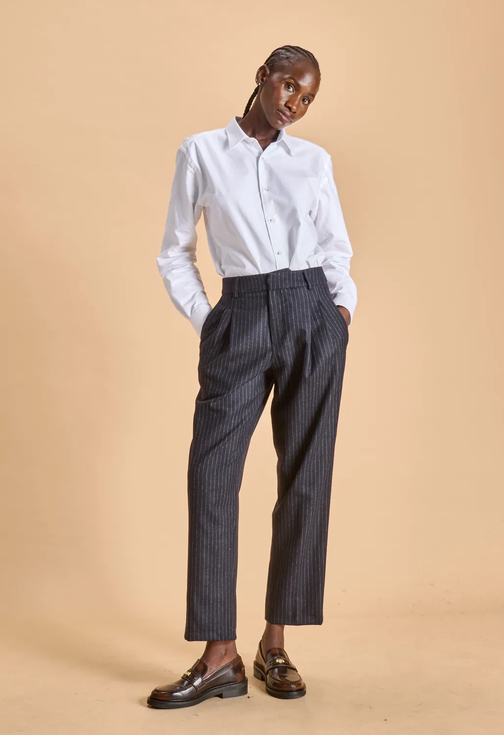 Soubacq Westminster pantalon femme laine bleu nuit rayures