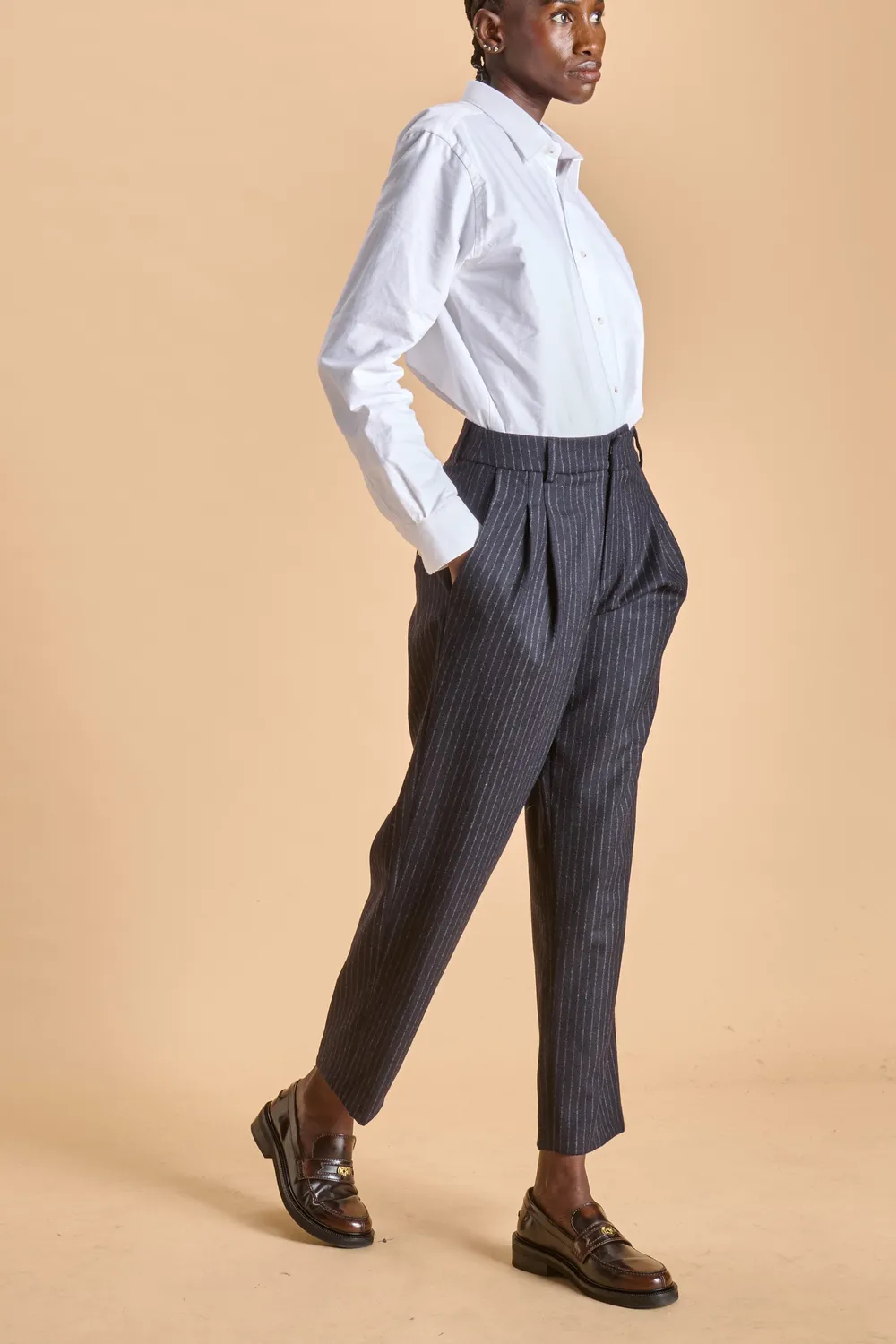 Soubacq Westminster pantalon femme laine bleu nuit rayures