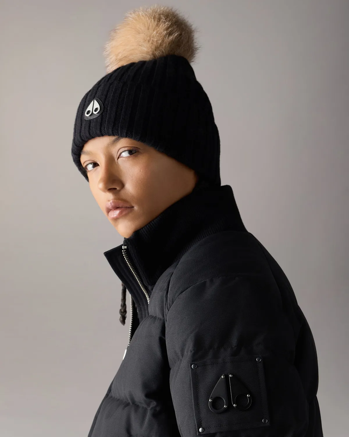Moose Knuckles Fur Pompom bonnet noir laine taille unique