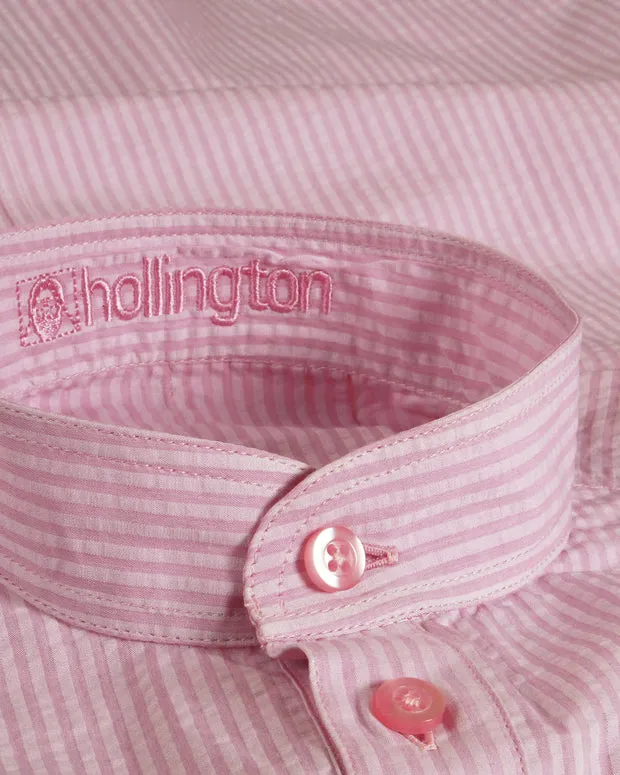 HOLLINGTON chemise col mao seersucker rose coton gaufré