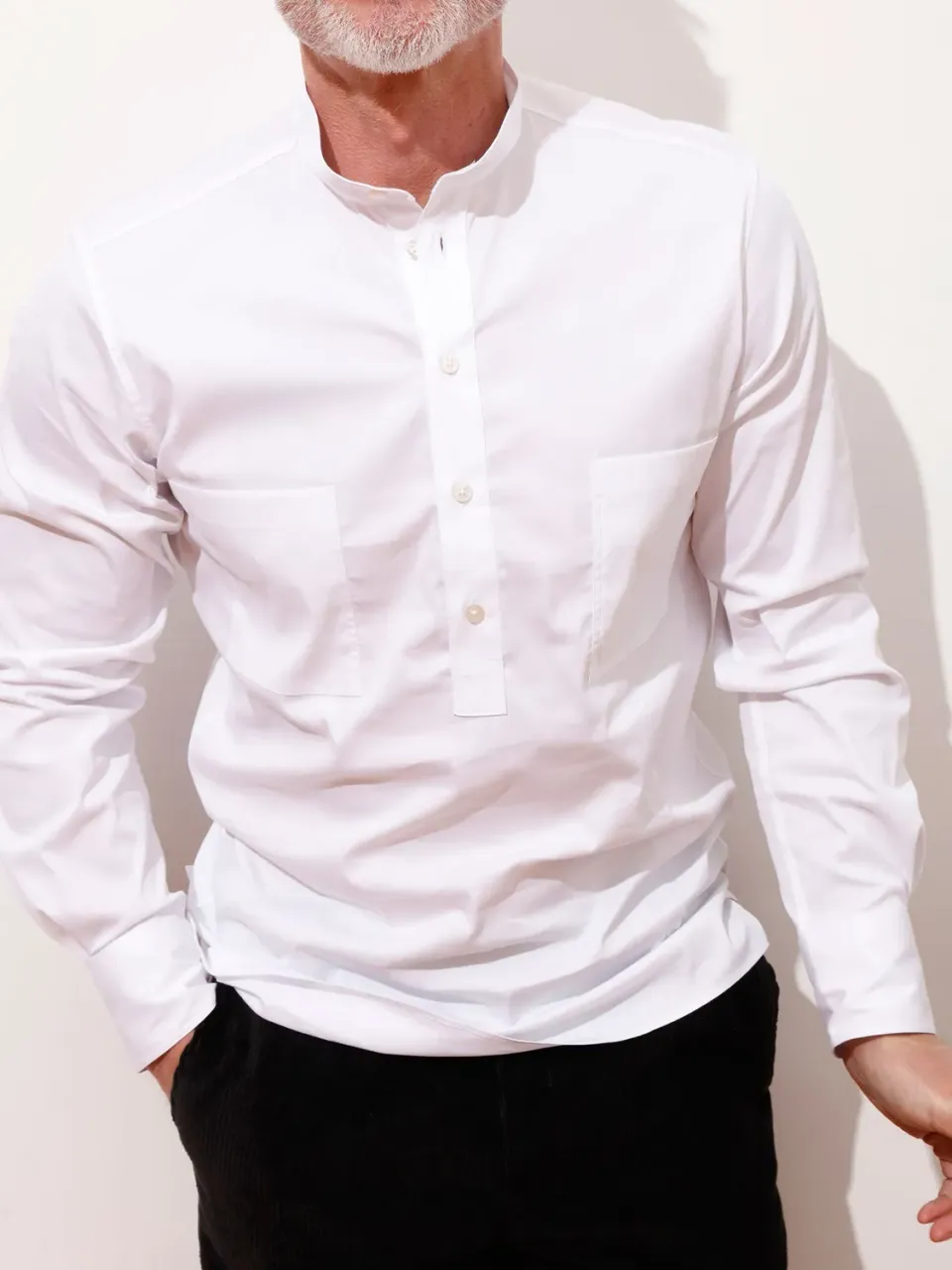 Hollington chemise col mao slim coton blanc extensible