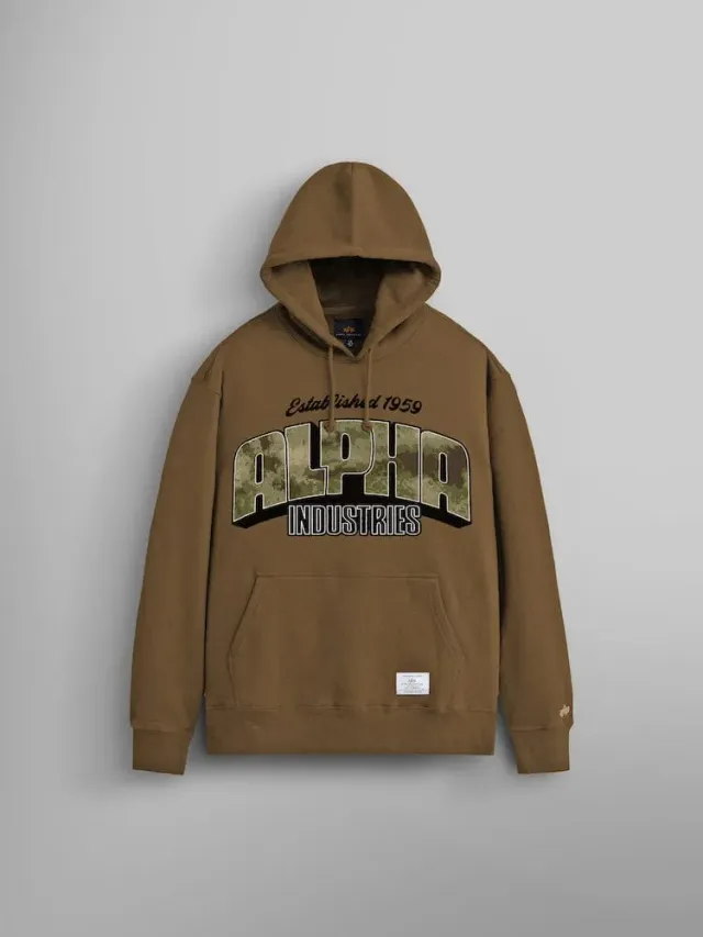 Alpha Industries Camo Logo sweat à capuche Coyote Brown coton épais