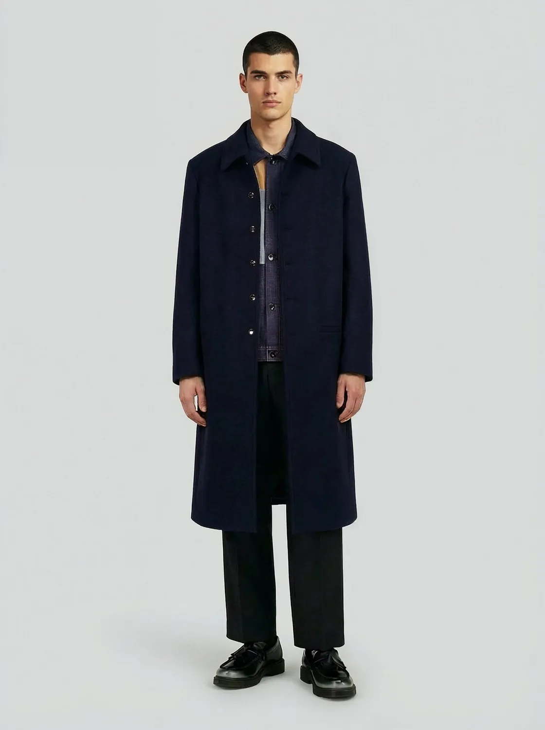 LEBRUN Manteau Long Laine Bleu Nuit Homme