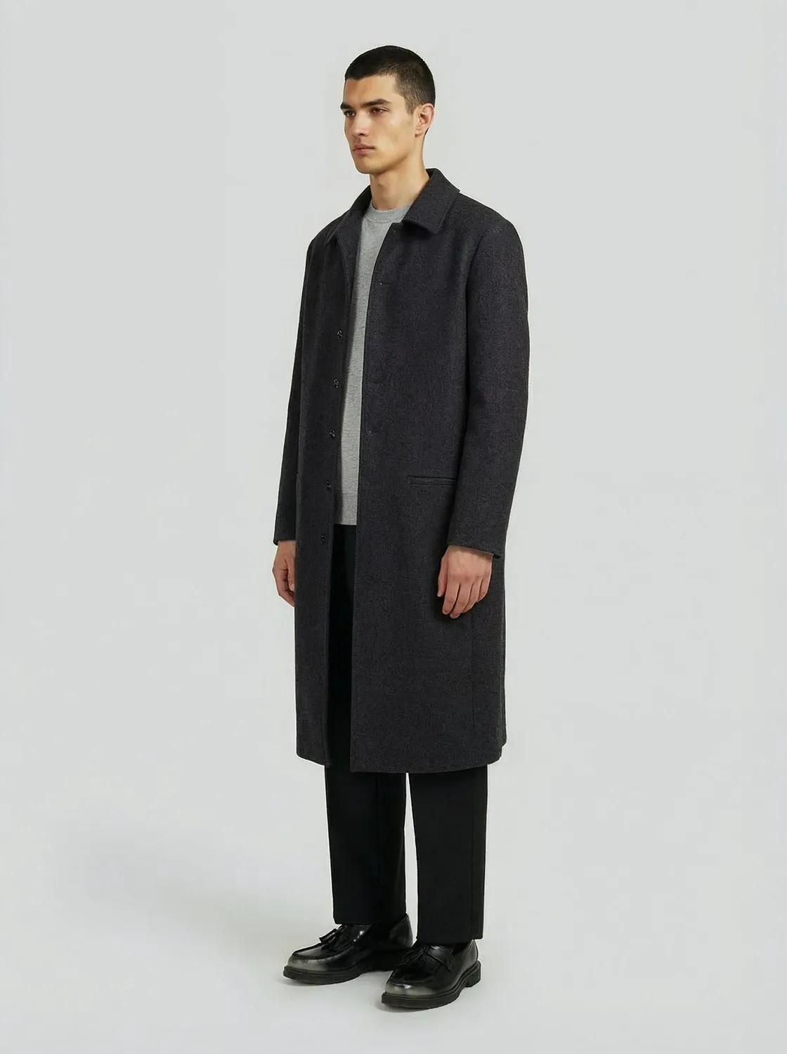 LEBRUN Manteau Long Gris Anthracite Laine Homme