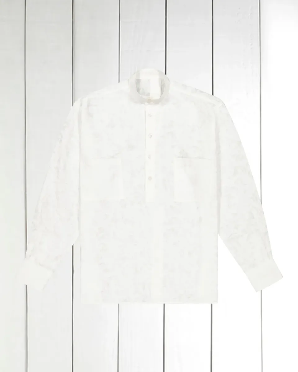 HOLLINGTON chemise col mao lin blanc motif végétal XL