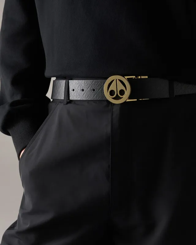 Moose Knuckles Gold Series Circular Logo Icon Belt ceinture cuir doré