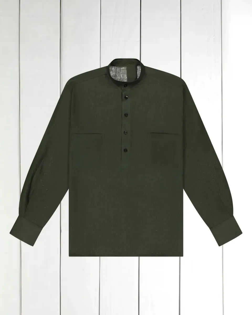 Hollington chemise col mao toile lin chemise vert bronze M