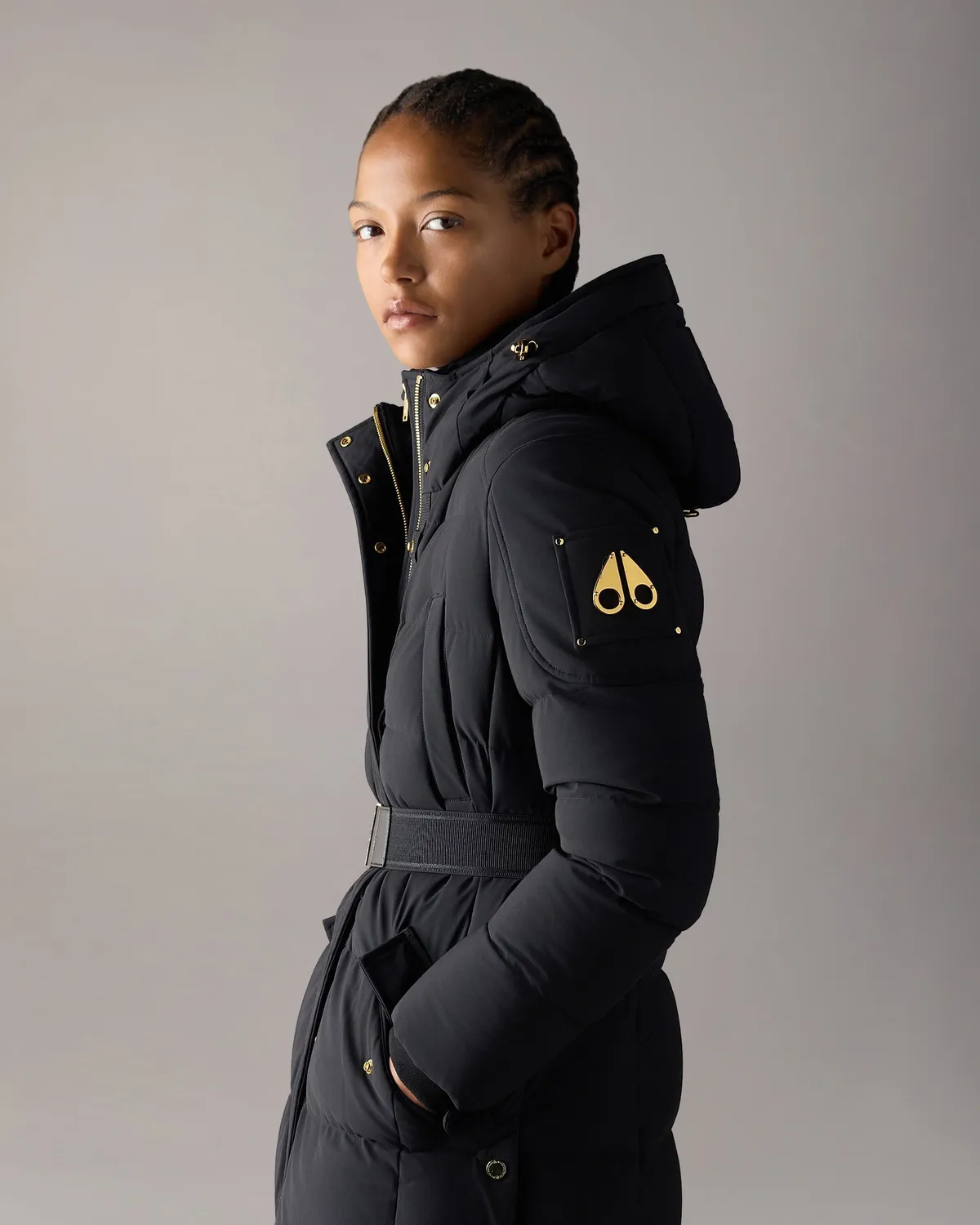 Moose Knuckles Gilded parka longue noire ceinture dorée
