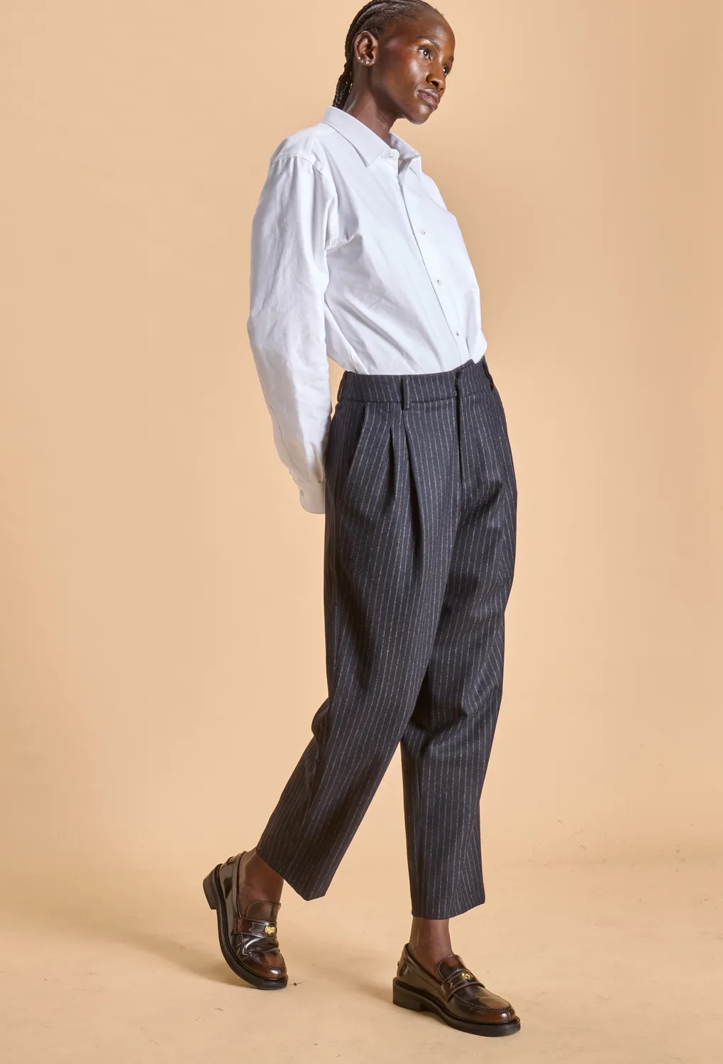 Soubacq Westminster pantalon femme laine bleu nuit rayures