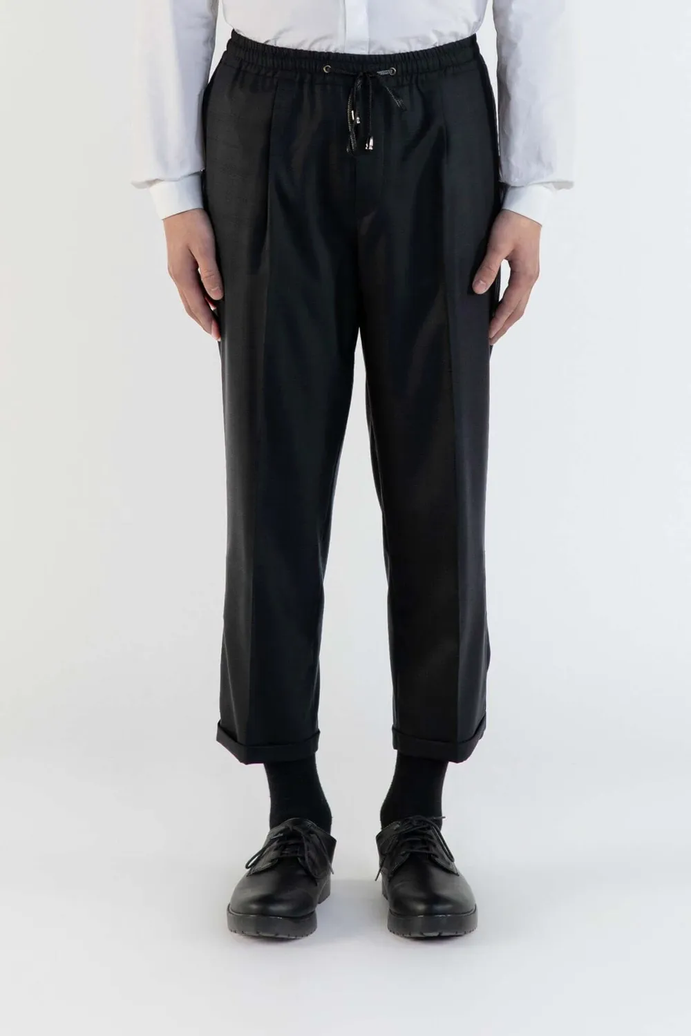 LEBRUN Pantalon Noir Laine Plis Ceinture Élastiquée