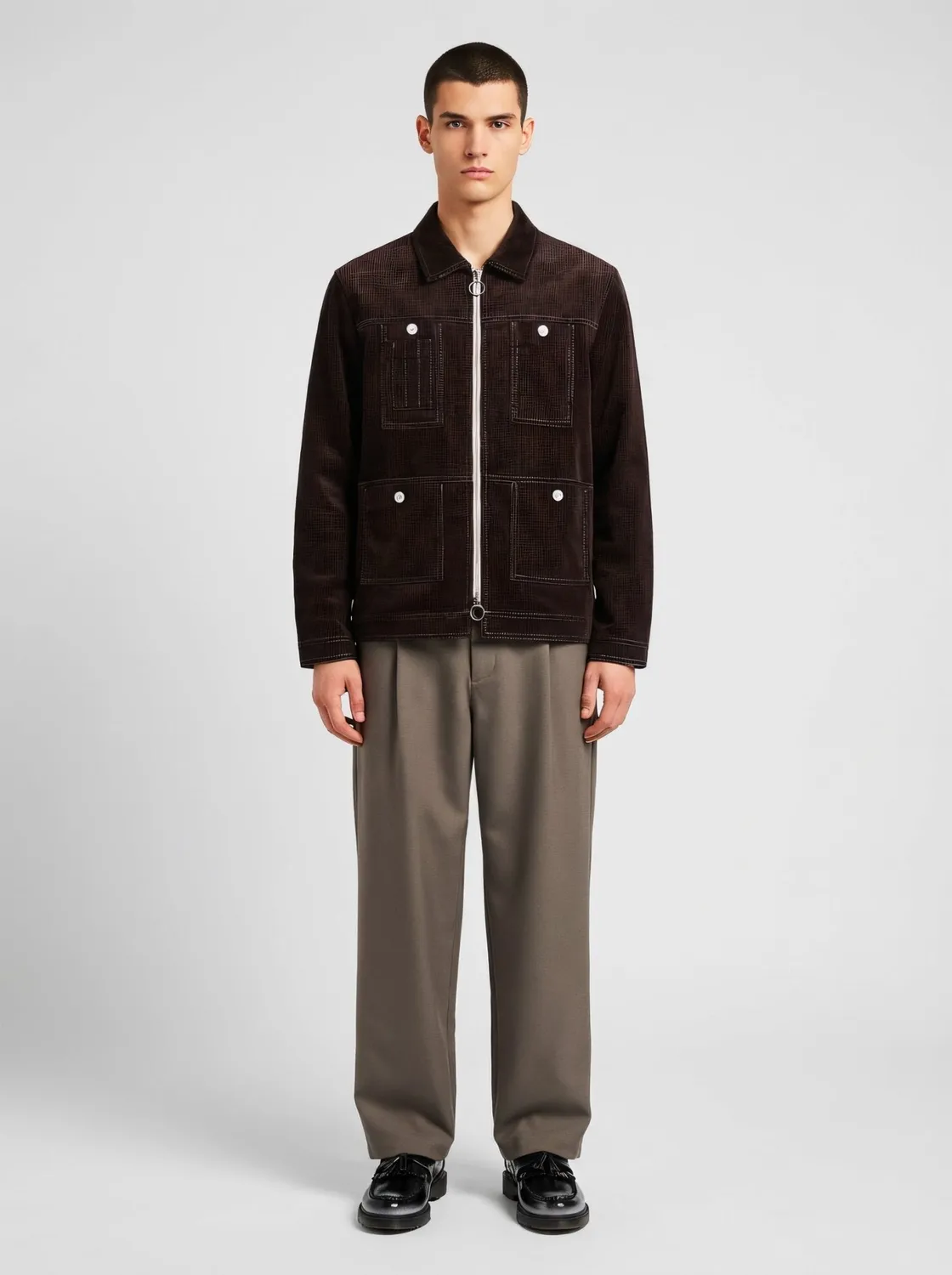 Lebrun Blouson Velours Marron Zippé Homme