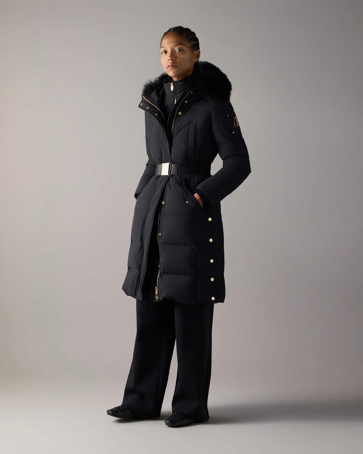 Moose Knuckles Gilded parka longue noire ceinture dorée