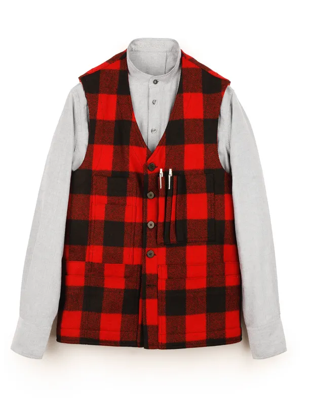 HOLLINGTON gilet 20 poches laine carreaux noir rouge