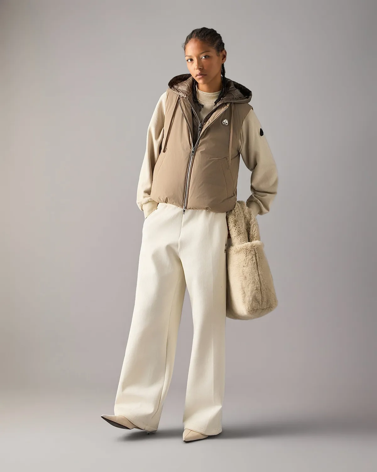 Moose Knuckles Tegan gilet duvet gris cendré capuche amovible