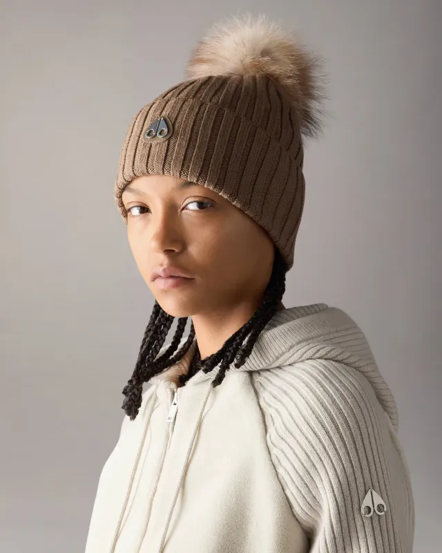 Moose Knuckles Fur Pompom Beanie bonnet noir laine